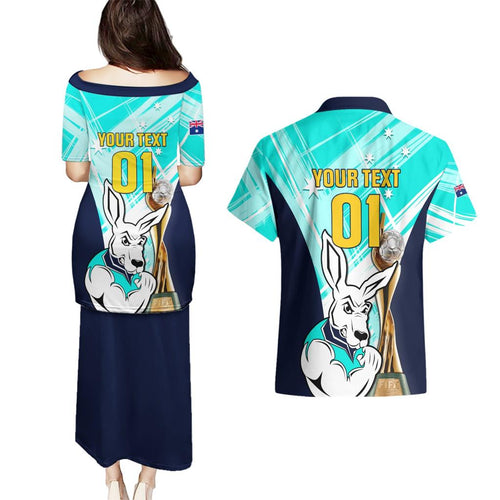 Custom Australia Soccer Couples Matching Puletasi and Hawaiian Shirt Matildas Kangaroo With World Cup Trophy 2023 Turquoise Version
