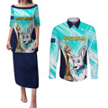 Custom Australia Soccer Couples Matching Puletasi and Long Sleeve Button Shirt Matildas Kangaroo With World Cup Trophy 2023 Turquoise Version