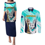 Custom Australia Soccer Couples Matching Puletasi and Long Sleeve Button Shirt Matildas Kangaroo With World Cup Trophy 2023 Turquoise Version