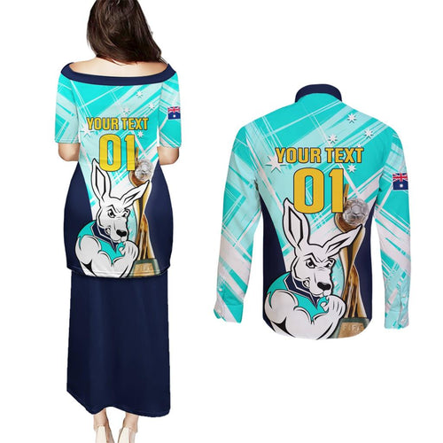 Custom Australia Soccer Couples Matching Puletasi and Long Sleeve Button Shirt Matildas Kangaroo With World Cup Trophy 2023 Turquoise Version