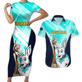 Custom Australia Soccer Couples Matching Short Sleeve Bodycon Dress and Hawaiian Shirt Matildas Kangaroo With World Cup Trophy 2023 Turquoise Version