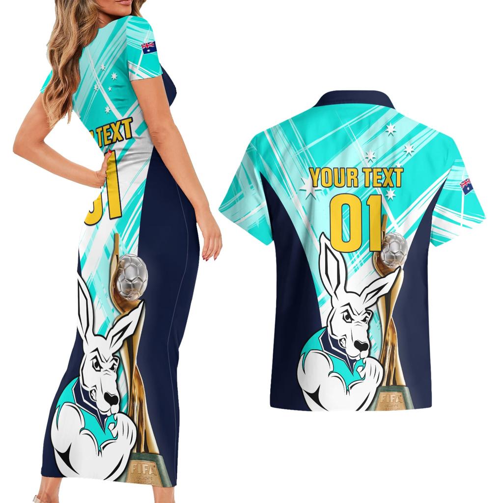 Custom Australia Soccer Couples Matching Short Sleeve Bodycon Dress and Hawaiian Shirt Matildas Kangaroo With World Cup Trophy 2023 Turquoise Version