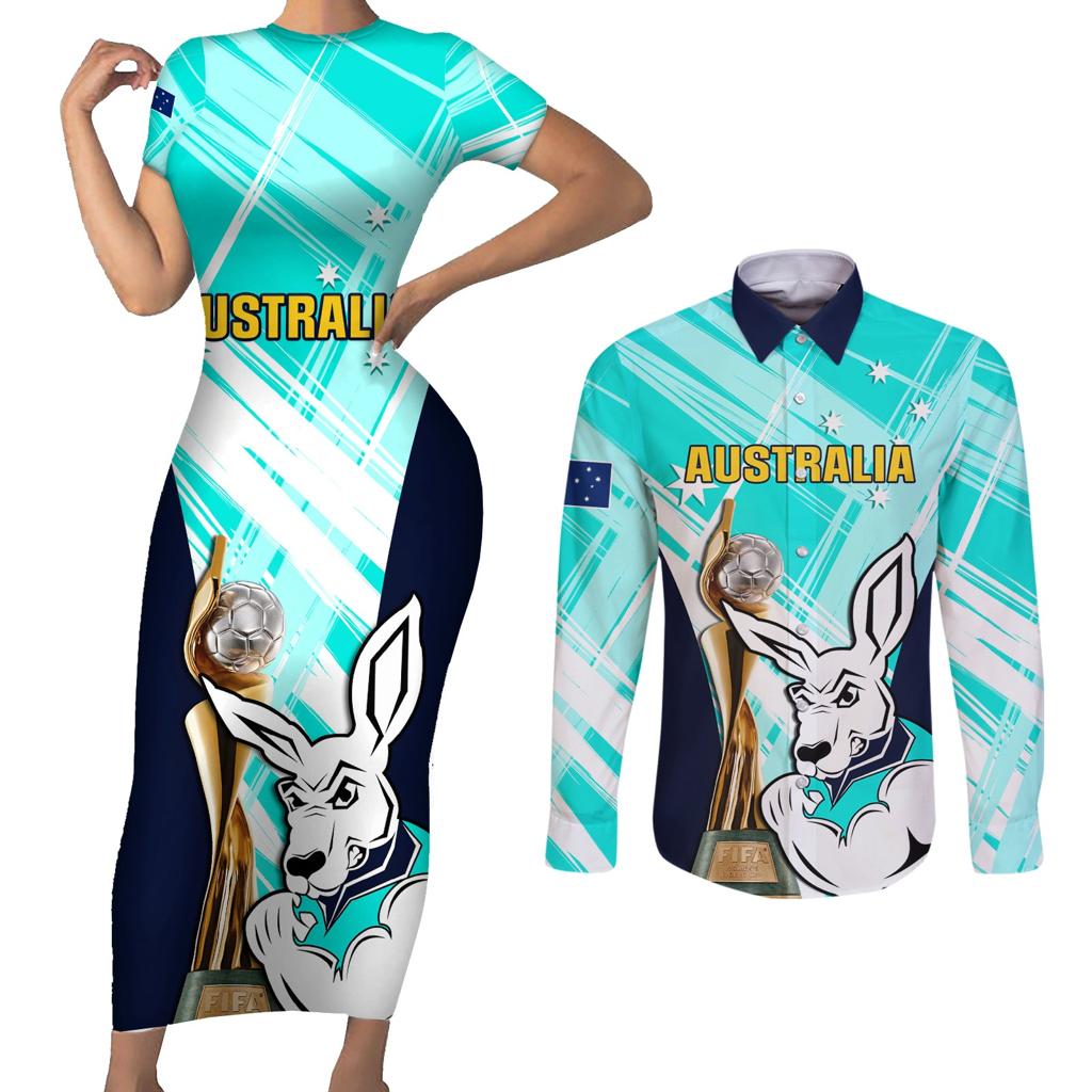 Custom Australia Soccer Couples Matching Short Sleeve Bodycon Dress and Long Sleeve Button Shirt Matildas Kangaroo With World Cup Trophy 2023 Turquoise Version
