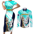 Custom Australia Soccer Couples Matching Short Sleeve Bodycon Dress and Long Sleeve Button Shirt Matildas Kangaroo With World Cup Trophy 2023 Turquoise Version