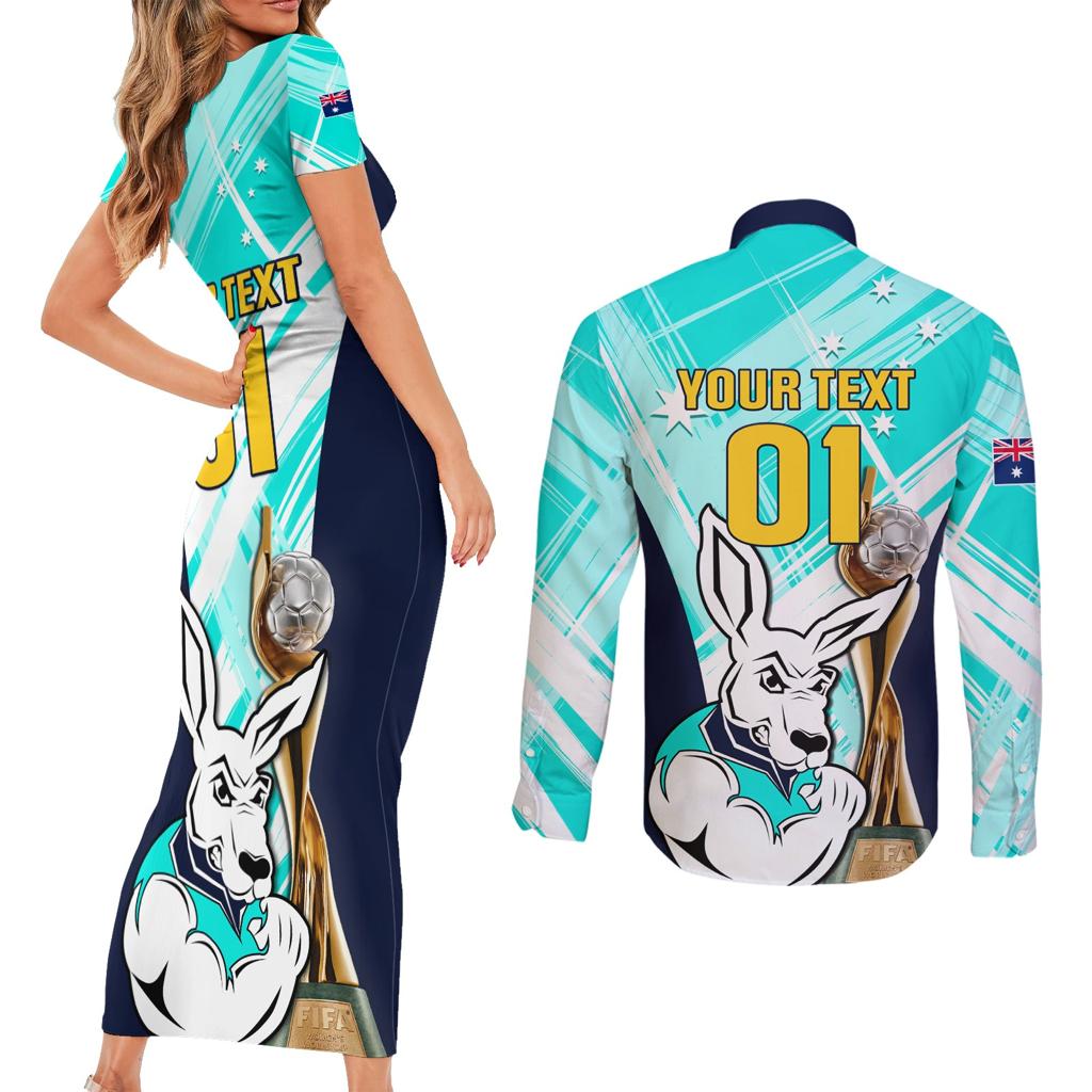 Custom Australia Soccer Couples Matching Short Sleeve Bodycon Dress and Long Sleeve Button Shirt Matildas Kangaroo With World Cup Trophy 2023 Turquoise Version
