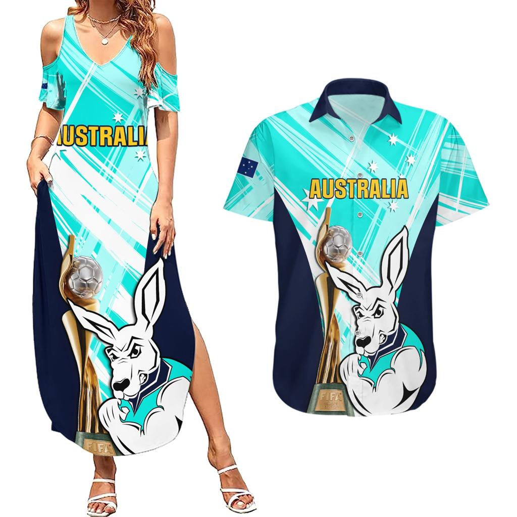 Custom Australia Soccer Couples Matching Summer Maxi Dress and Hawaiian Shirt Matildas Kangaroo With World Cup Trophy 2023 Turquoise Version