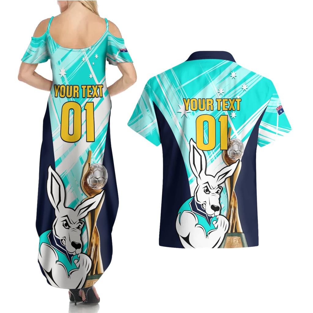 Custom Australia Soccer Couples Matching Summer Maxi Dress and Hawaiian Shirt Matildas Kangaroo With World Cup Trophy 2023 Turquoise Version