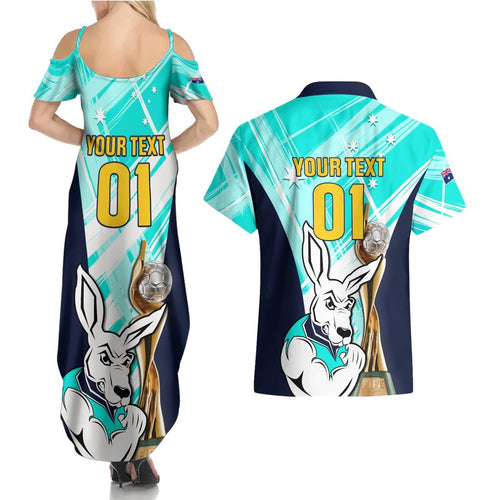 Custom Australia Soccer Couples Matching Summer Maxi Dress and Hawaiian Shirt Matildas Kangaroo With World Cup Trophy 2023 Turquoise Version