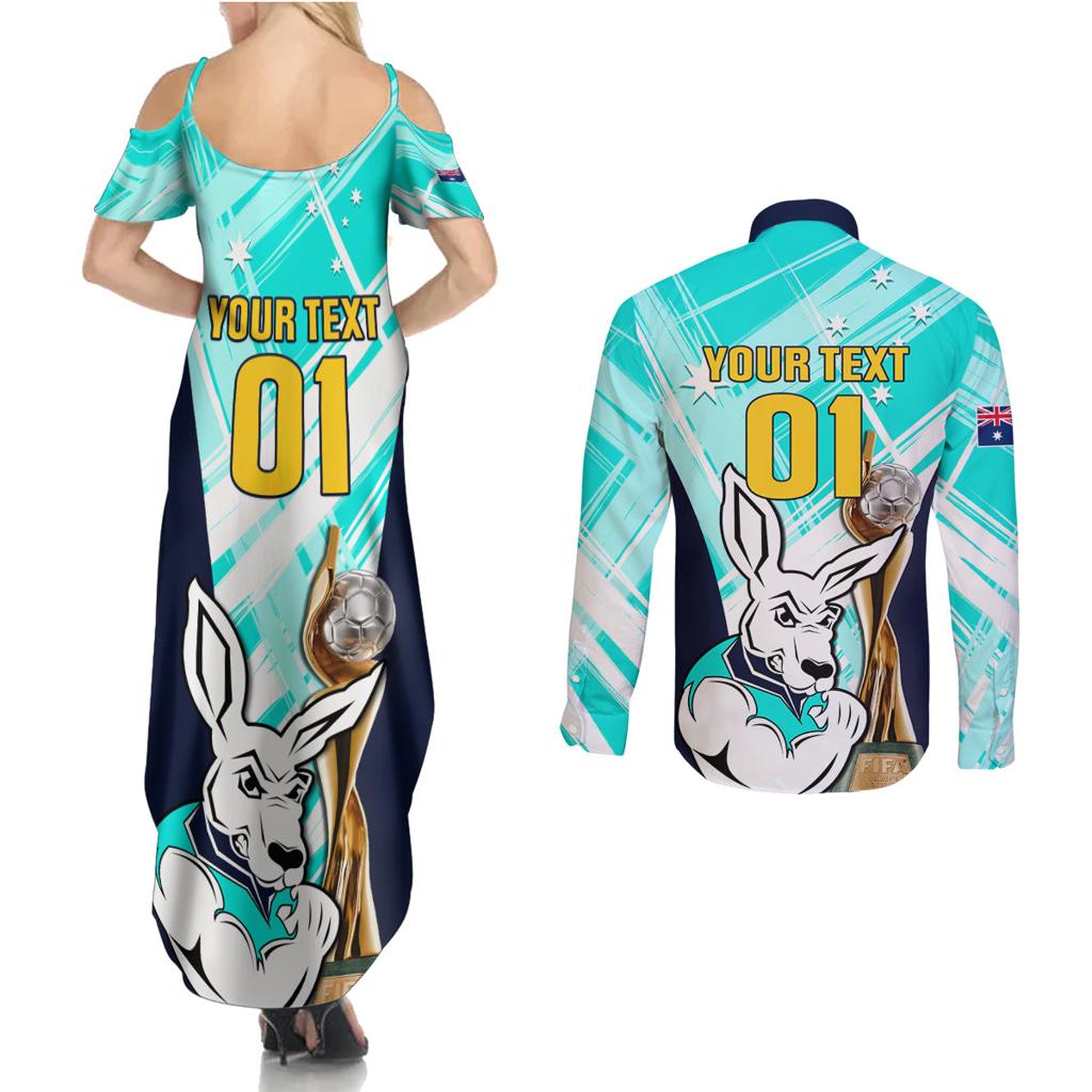 Custom Australia Soccer Couples Matching Summer Maxi Dress and Long Sleeve Button Shirt Matildas Kangaroo With World Cup Trophy 2023 Turquoise Version