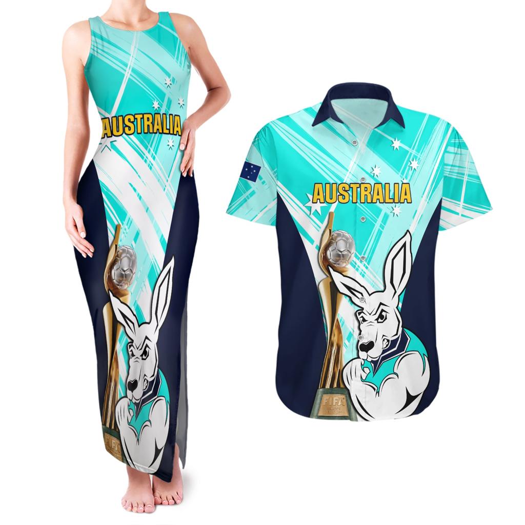 Custom Australia Soccer Couples Matching Tank Maxi Dress and Hawaiian Shirt Matildas Kangaroo With World Cup Trophy 2023 Turquoise Version