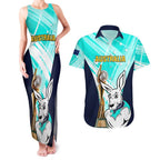 Custom Australia Soccer Couples Matching Tank Maxi Dress and Hawaiian Shirt Matildas Kangaroo With World Cup Trophy 2023 Turquoise Version