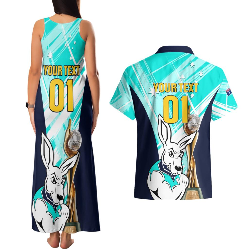 Custom Australia Soccer Couples Matching Tank Maxi Dress and Hawaiian Shirt Matildas Kangaroo With World Cup Trophy 2023 Turquoise Version