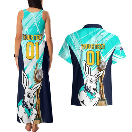Custom Australia Soccer Couples Matching Tank Maxi Dress and Hawaiian Shirt Matildas Kangaroo With World Cup Trophy 2023 Turquoise Version