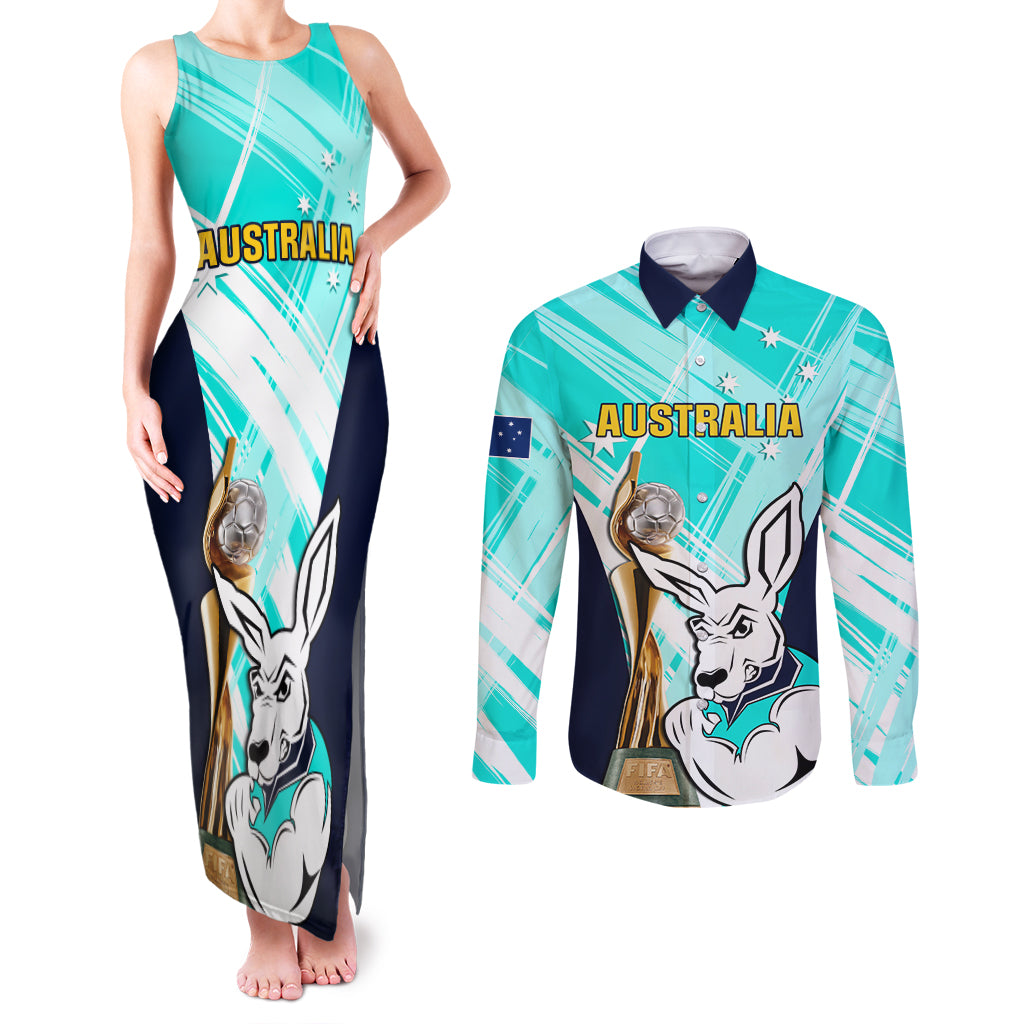 Custom Australia Soccer Couples Matching Tank Maxi Dress and Long Sleeve Button Shirt Matildas Kangaroo With World Cup Trophy 2023 Turquoise Version