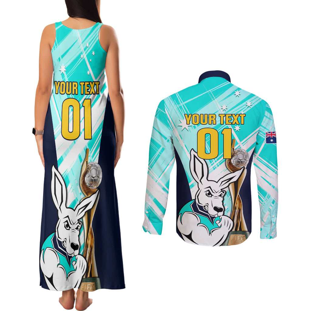 Custom Australia Soccer Couples Matching Tank Maxi Dress and Long Sleeve Button Shirt Matildas Kangaroo With World Cup Trophy 2023 Turquoise Version