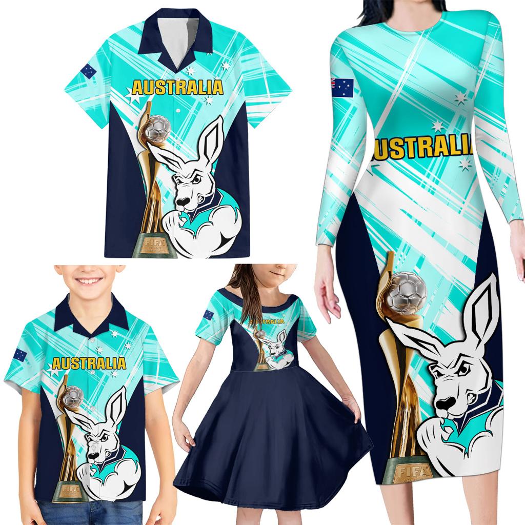 Custom Australia Soccer Family Matching Long Sleeve Bodycon Dress and Hawaiian Shirt Matildas Kangaroo With World Cup Trophy 2023 Turquoise Version