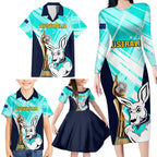 Custom Australia Soccer Family Matching Long Sleeve Bodycon Dress and Hawaiian Shirt Matildas Kangaroo With World Cup Trophy 2023 Turquoise Version
