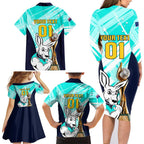 Custom Australia Soccer Family Matching Long Sleeve Bodycon Dress and Hawaiian Shirt Matildas Kangaroo With World Cup Trophy 2023 Turquoise Version