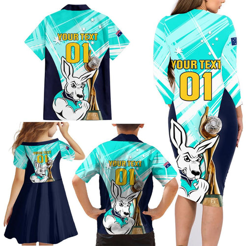 Custom Australia Soccer Family Matching Long Sleeve Bodycon Dress and Hawaiian Shirt Matildas Kangaroo With World Cup Trophy 2023 Turquoise Version