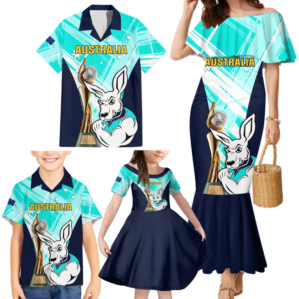 Custom Australia Soccer Family Matching Mermaid Dress and Hawaiian Shirt Matildas Kangaroo With World Cup Trophy 2023 Turquoise Version