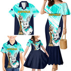 Custom Australia Soccer Family Matching Mermaid Dress and Hawaiian Shirt Matildas Kangaroo With World Cup Trophy 2023 Turquoise Version