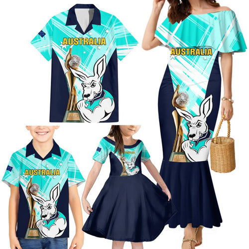 Custom Australia Soccer Family Matching Mermaid Dress and Hawaiian Shirt Matildas Kangaroo With World Cup Trophy 2023 Turquoise Version