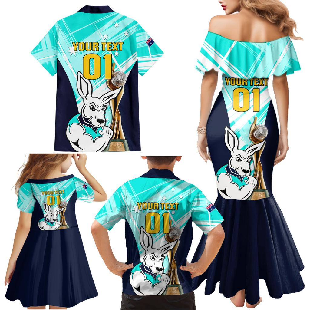 Custom Australia Soccer Family Matching Mermaid Dress and Hawaiian Shirt Matildas Kangaroo With World Cup Trophy 2023 Turquoise Version