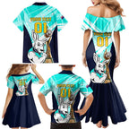 Custom Australia Soccer Family Matching Mermaid Dress and Hawaiian Shirt Matildas Kangaroo With World Cup Trophy 2023 Turquoise Version