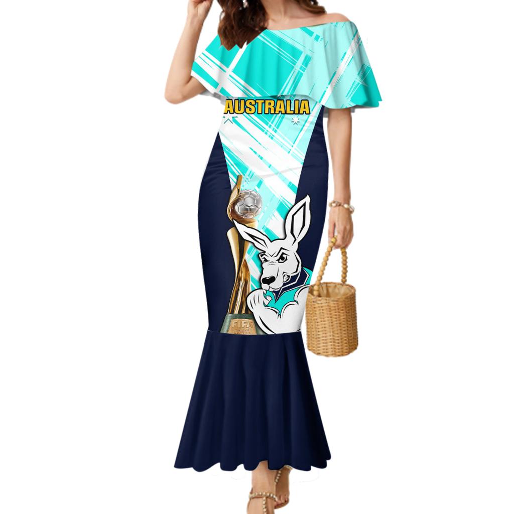 Custom Australia Soccer Family Matching Mermaid Dress and Hawaiian Shirt Matildas Kangaroo With World Cup Trophy 2023 Turquoise Version