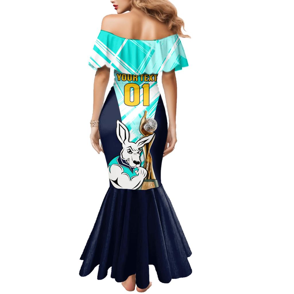 Custom Australia Soccer Family Matching Mermaid Dress and Hawaiian Shirt Matildas Kangaroo With World Cup Trophy 2023 Turquoise Version