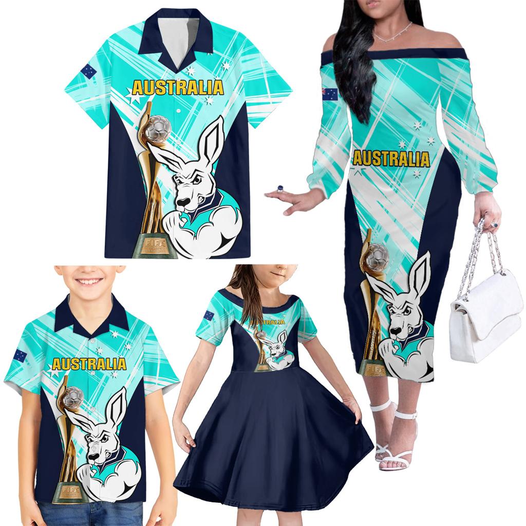 Custom Australia Soccer Family Matching Off The Shoulder Long Sleeve Dress and Hawaiian Shirt Matildas Kangaroo With World Cup Trophy 2023 Turquoise Version