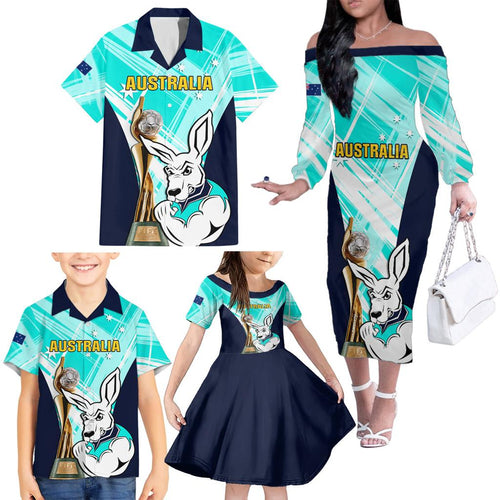 Custom Australia Soccer Family Matching Off The Shoulder Long Sleeve Dress and Hawaiian Shirt Matildas Kangaroo With World Cup Trophy 2023 Turquoise Version