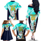 Custom Australia Soccer Family Matching Off The Shoulder Long Sleeve Dress and Hawaiian Shirt Matildas Kangaroo With World Cup Trophy 2023 Turquoise Version