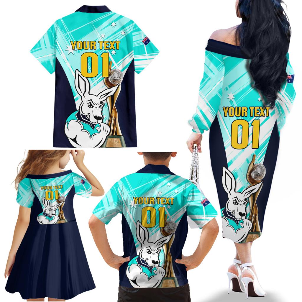 Custom Australia Soccer Family Matching Off The Shoulder Long Sleeve Dress and Hawaiian Shirt Matildas Kangaroo With World Cup Trophy 2023 Turquoise Version