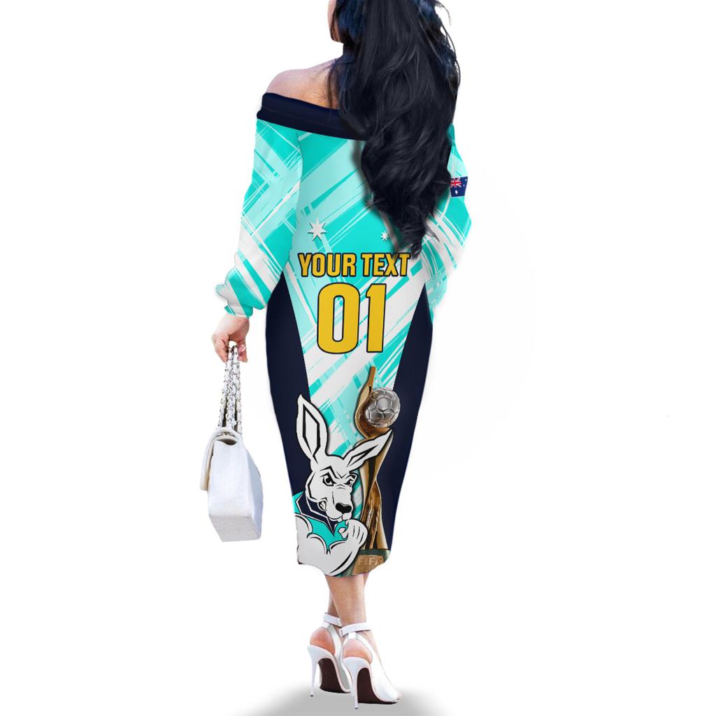 Custom Australia Soccer Family Matching Off The Shoulder Long Sleeve Dress and Hawaiian Shirt Matildas Kangaroo With World Cup Trophy 2023 Turquoise Version