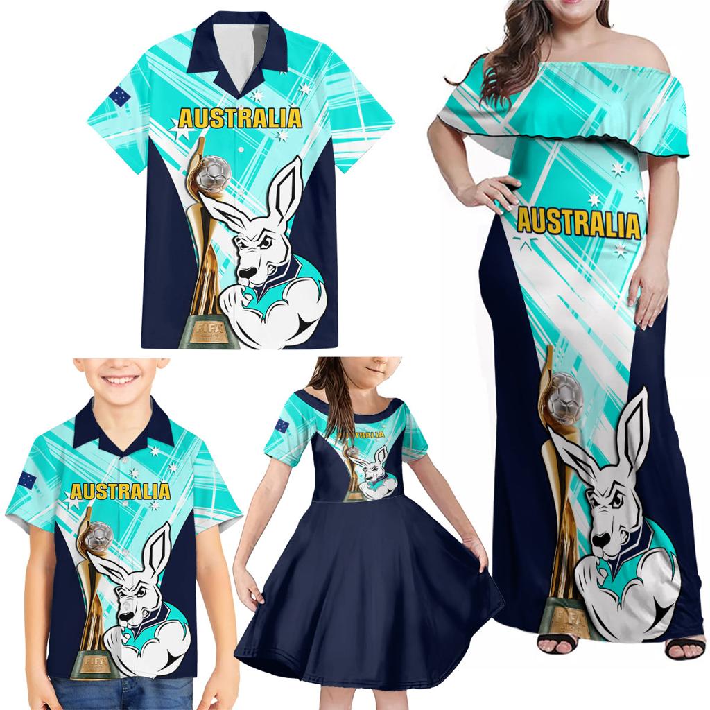 Custom Australia Soccer Family Matching Off Shoulder Maxi Dress and Hawaiian Shirt Matildas Kangaroo With World Cup Trophy 2023 Turquoise Version
