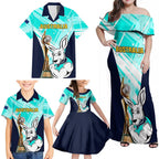 Custom Australia Soccer Family Matching Off Shoulder Maxi Dress and Hawaiian Shirt Matildas Kangaroo With World Cup Trophy 2023 Turquoise Version