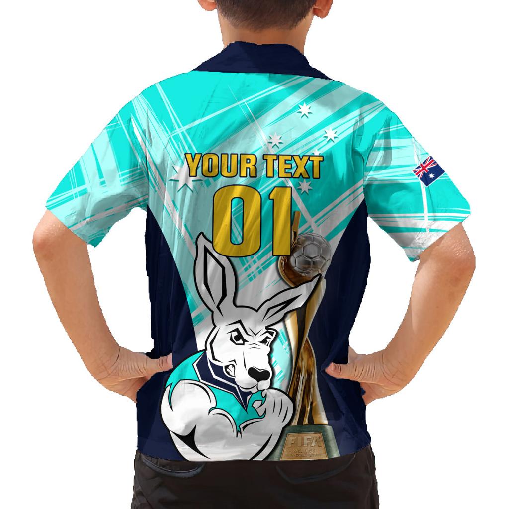 Custom Australia Soccer Family Matching Off Shoulder Maxi Dress and Hawaiian Shirt Matildas Kangaroo With World Cup Trophy 2023 Turquoise Version