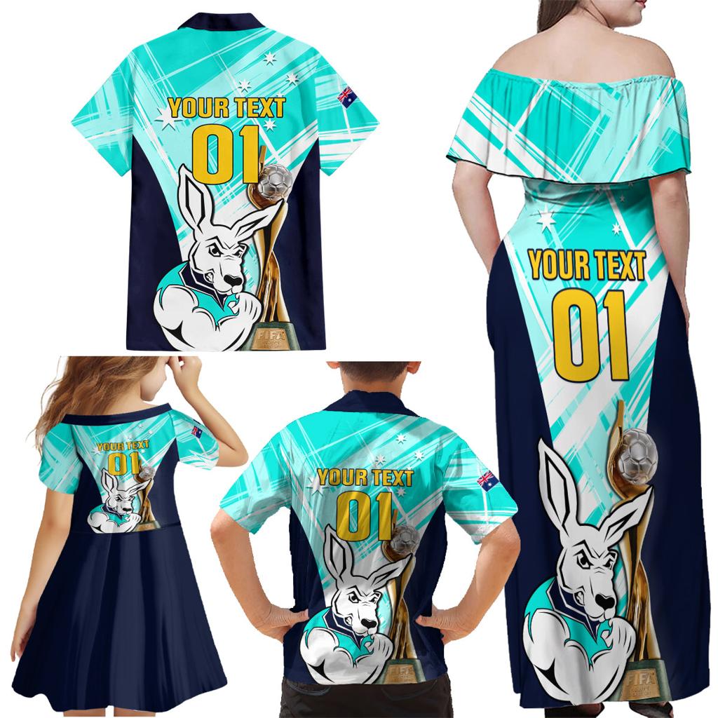 Custom Australia Soccer Family Matching Off Shoulder Maxi Dress and Hawaiian Shirt Matildas Kangaroo With World Cup Trophy 2023 Turquoise Version
