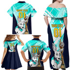 Custom Australia Soccer Family Matching Off Shoulder Maxi Dress and Hawaiian Shirt Matildas Kangaroo With World Cup Trophy 2023 Turquoise Version