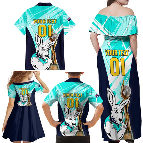 Custom Australia Soccer Family Matching Off Shoulder Maxi Dress and Hawaiian Shirt Matildas Kangaroo With World Cup Trophy 2023 Turquoise Version