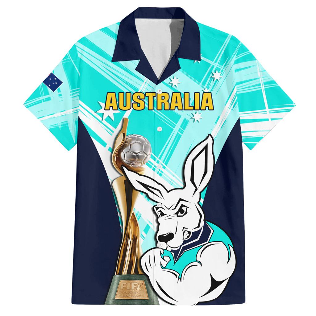 Custom Australia Soccer Family Matching Off Shoulder Maxi Dress and Hawaiian Shirt Matildas Kangaroo With World Cup Trophy 2023 Turquoise Version