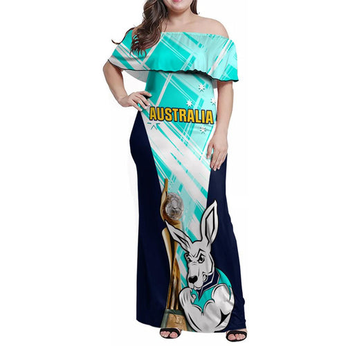 Custom Australia Soccer Family Matching Off Shoulder Maxi Dress and Hawaiian Shirt Matildas Kangaroo With World Cup Trophy 2023 Turquoise Version