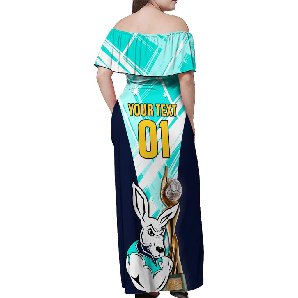 Custom Australia Soccer Family Matching Off Shoulder Maxi Dress and Hawaiian Shirt Matildas Kangaroo With World Cup Trophy 2023 Turquoise Version