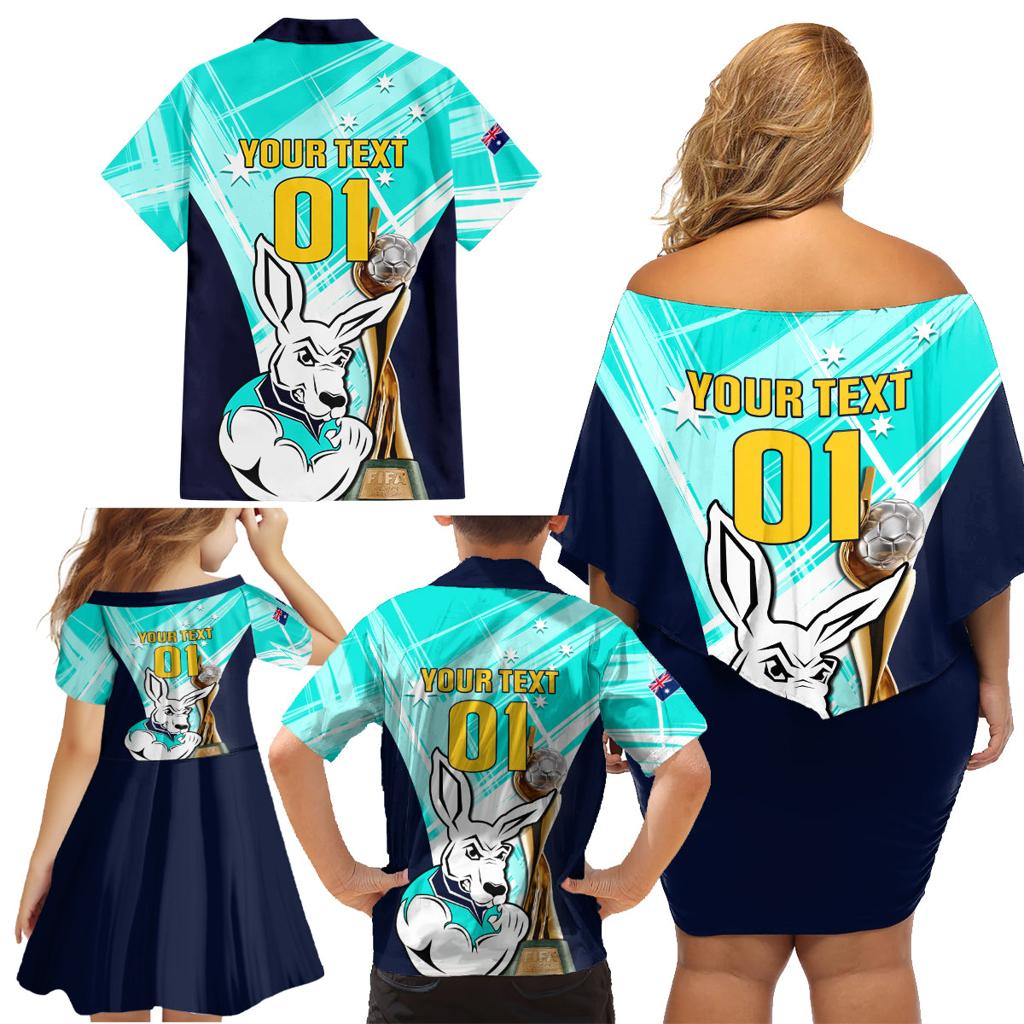 Custom Australia Soccer Family Matching Off Shoulder Short Dress and Hawaiian Shirt Matildas Kangaroo With World Cup Trophy 2023 Turquoise Version