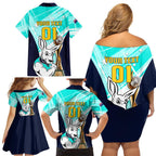 Custom Australia Soccer Family Matching Off Shoulder Short Dress and Hawaiian Shirt Matildas Kangaroo With World Cup Trophy 2023 Turquoise Version