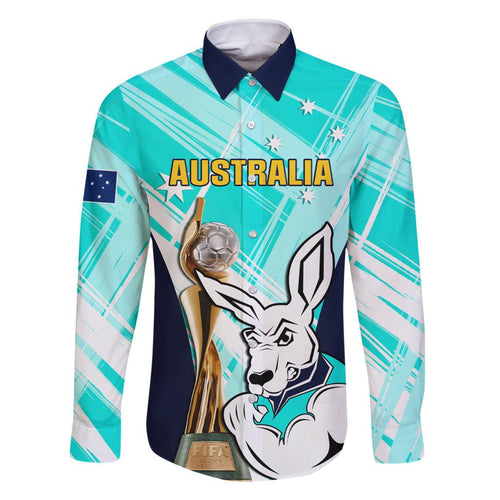 Custom Australia Soccer Family Matching Off Shoulder Short Dress and Hawaiian Shirt Matildas Kangaroo With World Cup Trophy 2023 Turquoise Version