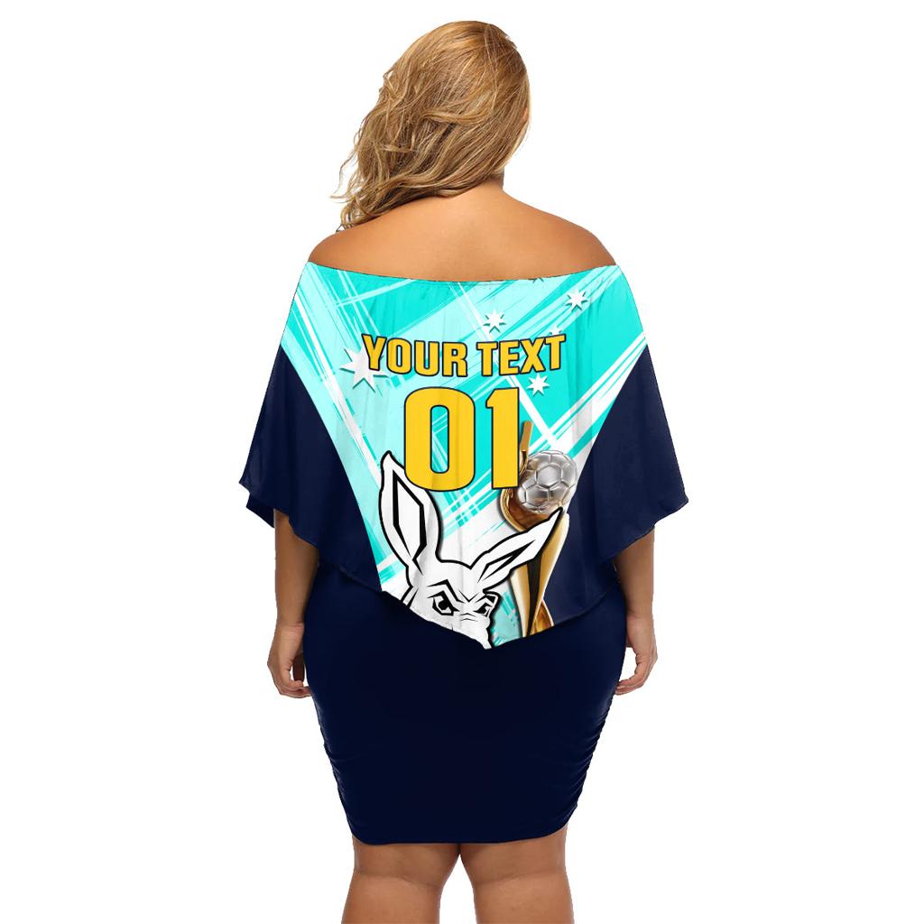 Custom Australia Soccer Family Matching Off Shoulder Short Dress and Hawaiian Shirt Matildas Kangaroo With World Cup Trophy 2023 Turquoise Version