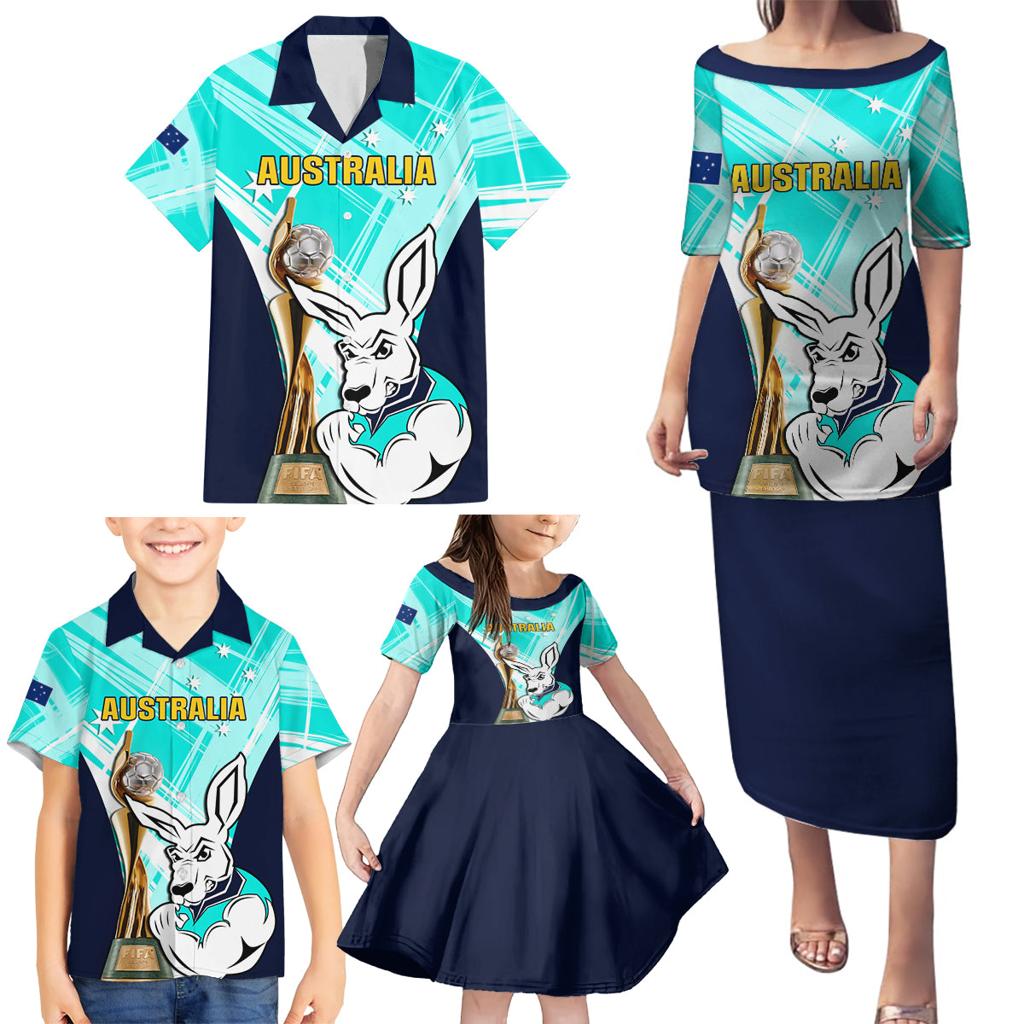 Custom Australia Soccer Family Matching Puletasi and Hawaiian Shirt Matildas Kangaroo With World Cup Trophy 2023 Turquoise Version