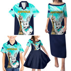 Custom Australia Soccer Family Matching Puletasi and Hawaiian Shirt Matildas Kangaroo With World Cup Trophy 2023 Turquoise Version